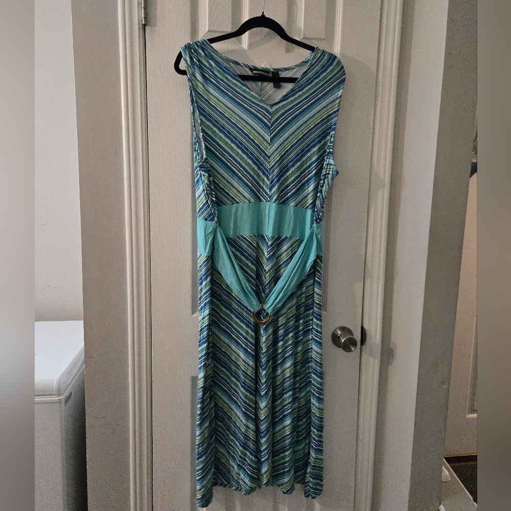 Nina Leonard Aqua & Teal Striped Sleeveless Maxi Dress